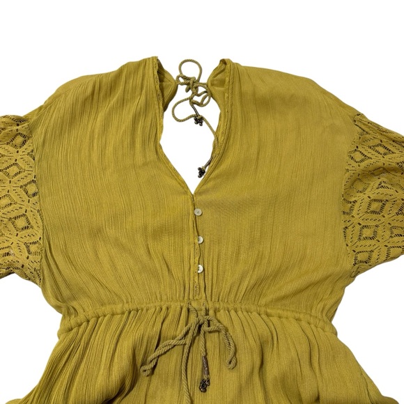 Free People Angela Yellow Boho Jumpsuit with Bell and Lace Detail Size Medium - Picture 9 of 13